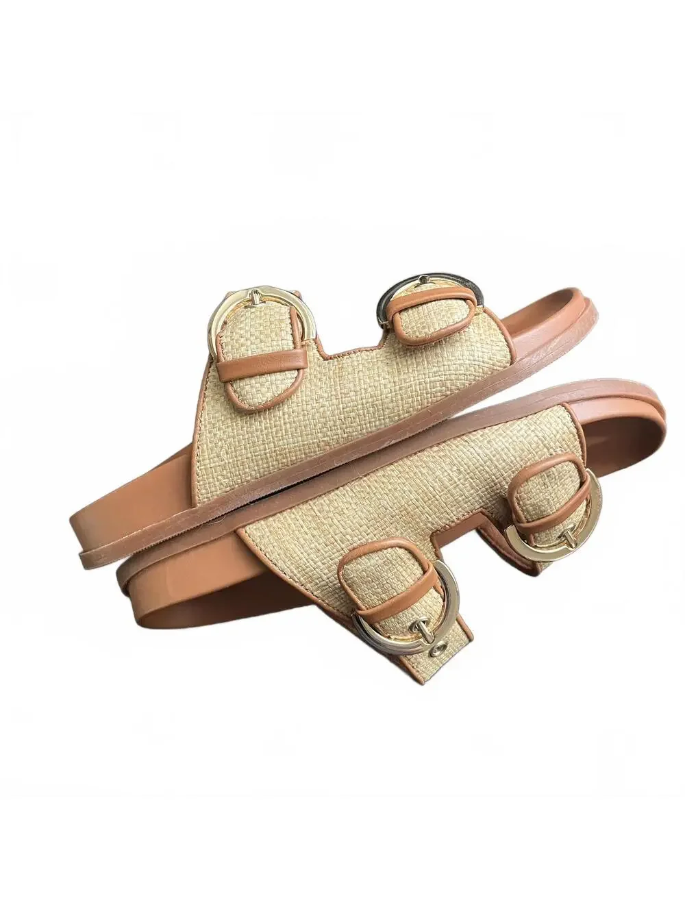 J.Crew Raffia Double Tan & Brown Gold Accents Buckle Slide Sandals